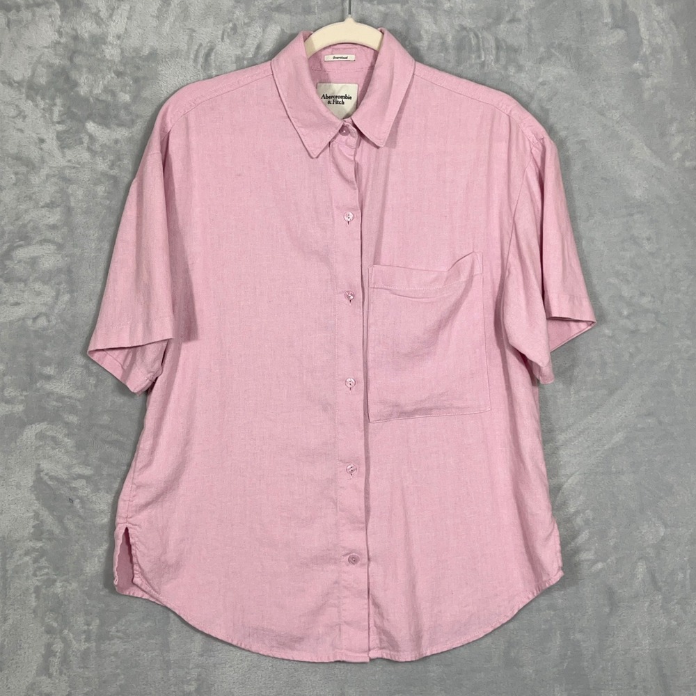 Abercrombie & Fitch Women Shirt S Pink Linen Blend Oversized Short Sleeve Button